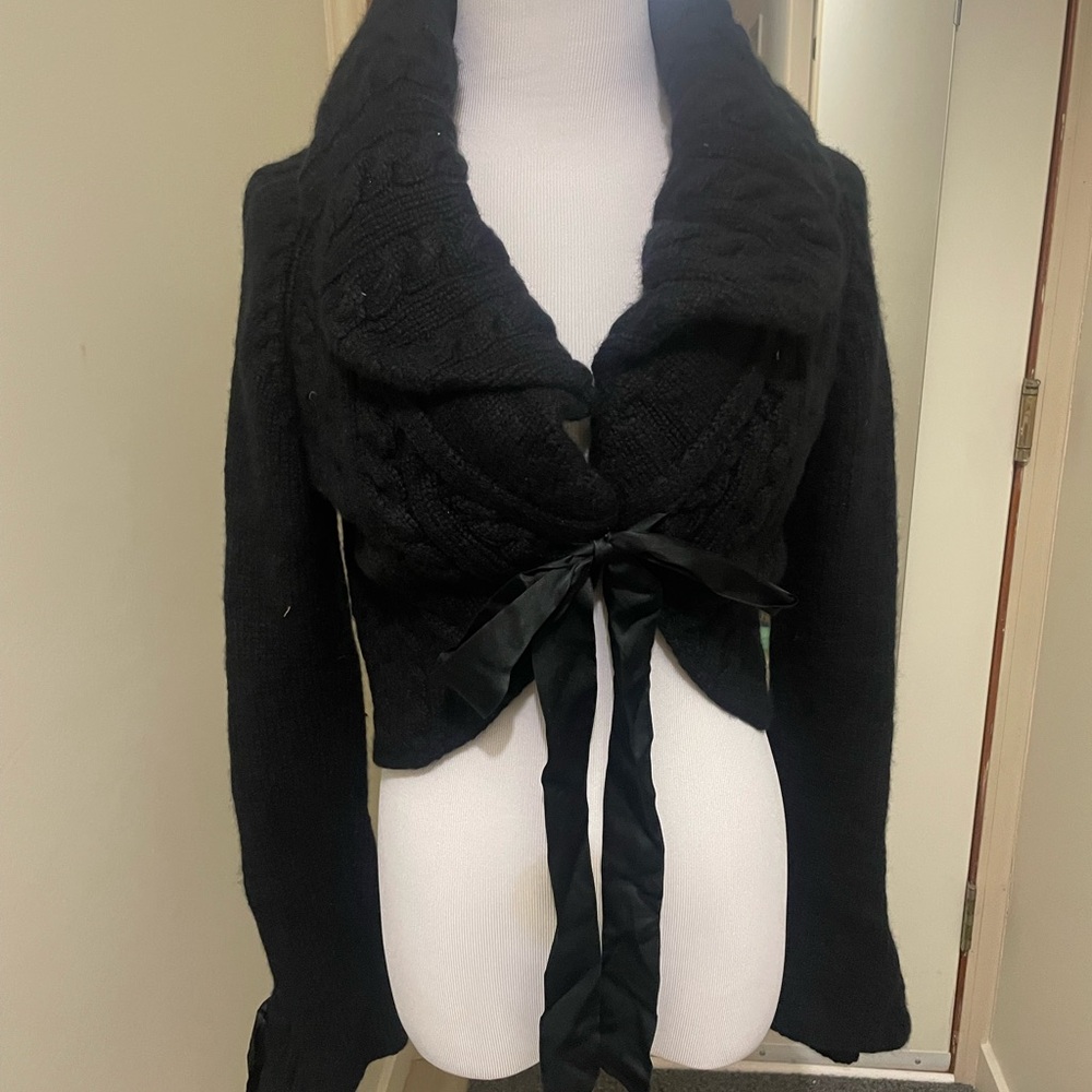 Oscar de la Renta Black Knit Cardigan with Ribbon Tie